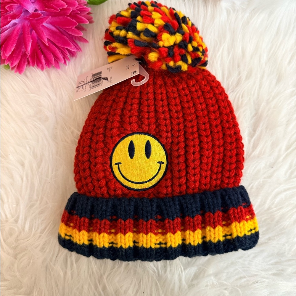 10/$25 • George Chunky Knit Smiley Face Patch Pompom Hat‎